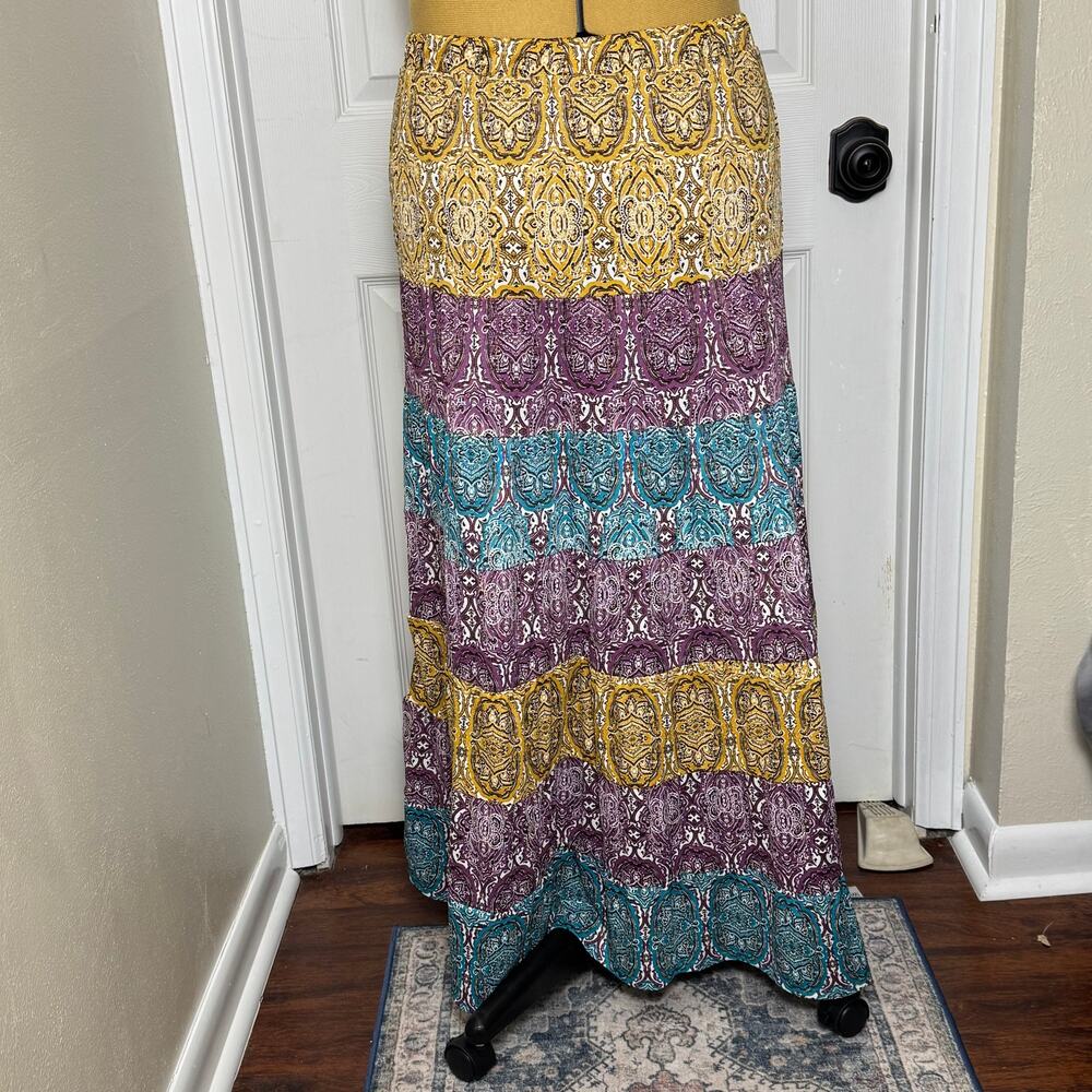 Cato Boho Paisley Medallion Maxi Skirt Pull On Stretch Elastic Waist